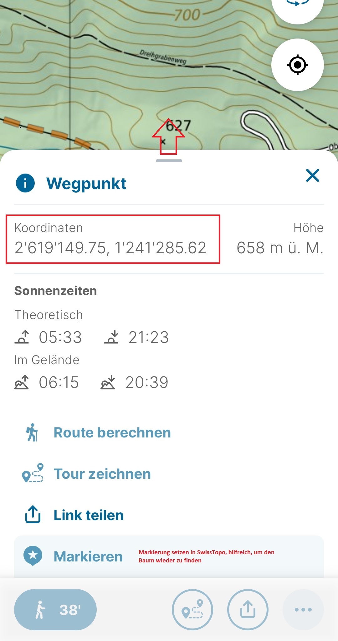 Koordinaten anzeigen, optional Markierung setzen